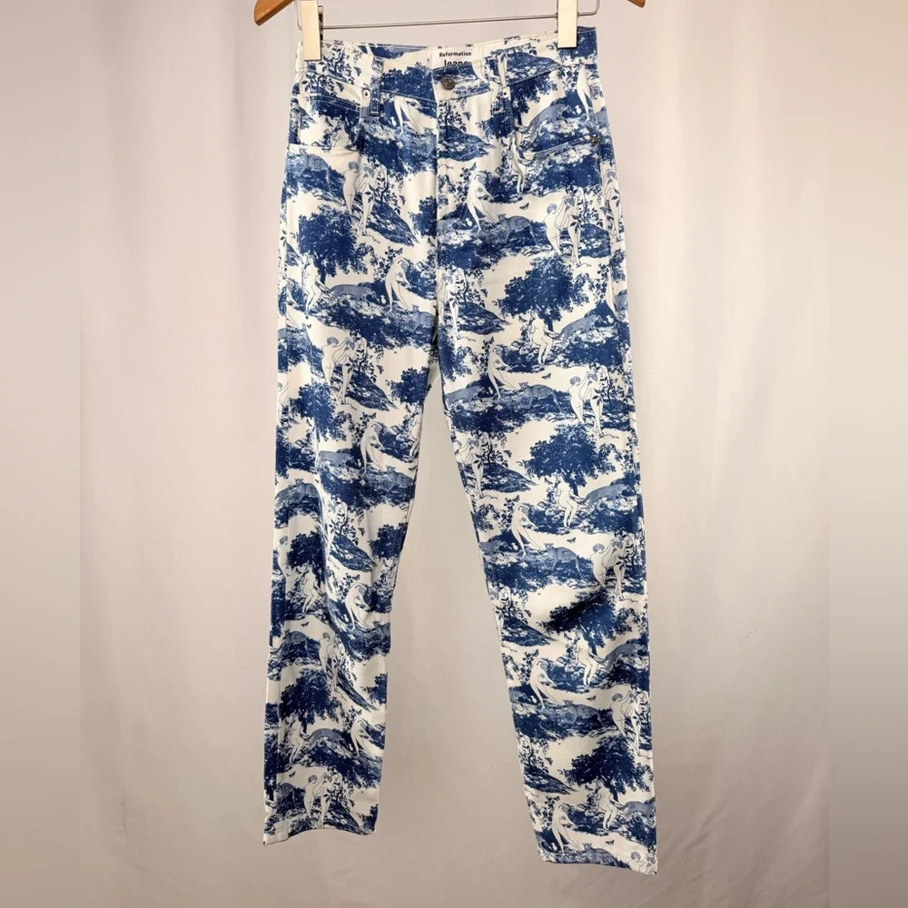 Reformation Pastoral High Rise Straight Jeans in Blue White Size‎ 25 - Picture 4 of 10